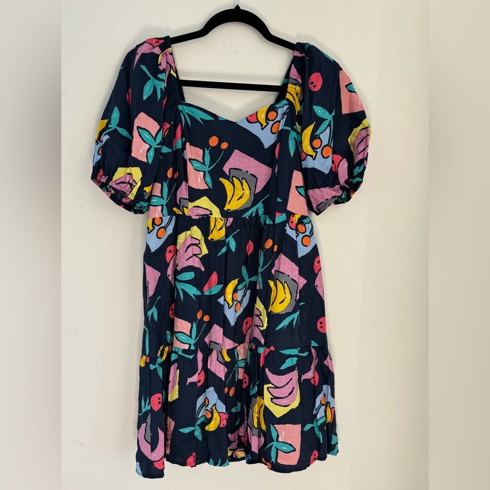 JODIFL Navy Floral Babydoll Dress with Pink Yellow Green Accents - Picture 4 of 8